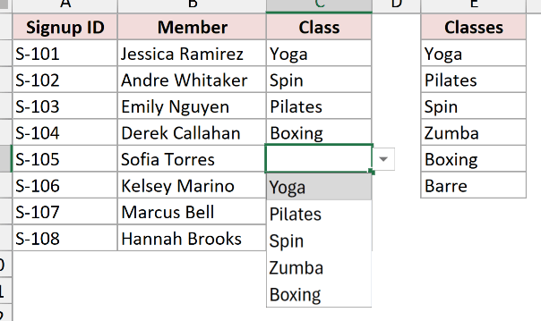 The open Class list shows only five classes even though Barre was added in E7.