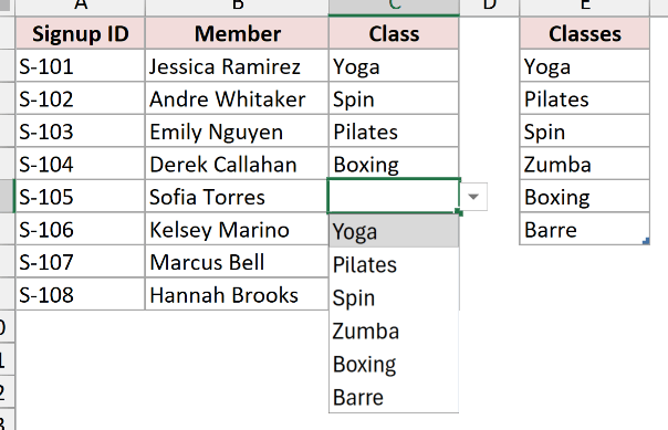 The Class drop-down now lists six classes, including Barre, from the ClassList table.