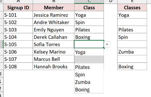 The open Class list shows empty lines because the source range E2:E9 contains blank cells.