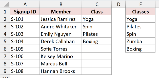 The class list moved into consecutive cells E2:E6 with no gaps.