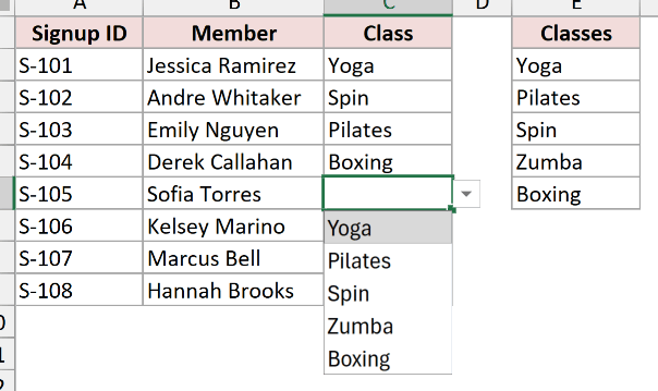 The Class drop-down listing Yoga, Pilates, Spin, Zumba, and Boxing with no empty lines.