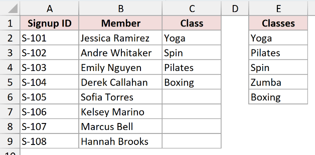 The Classes list rebuilt in E1:E6 next to the signup table.