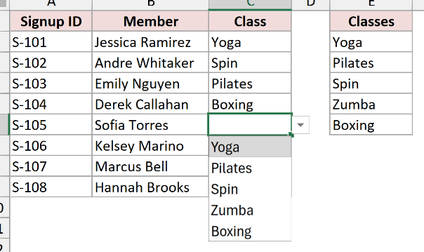The Class drop-down showing the five classes again after the Source points to E2:E6.