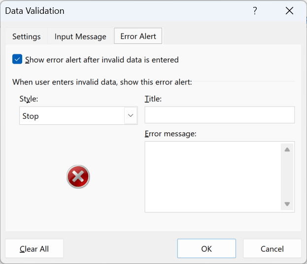 Data Validation Error Alert tab with Show error alert after invalid data is entered checked and Style set to Stop.