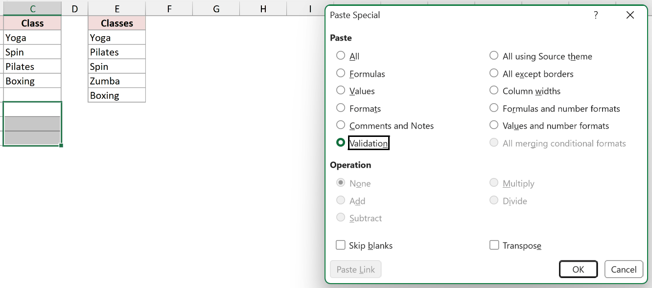 Paste Special dialog with Validation selected to copy C2's drop-down rule to C7:C9.