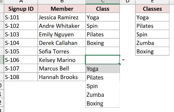 The Class drop-down working in C7 after the validation rule is pasted back.