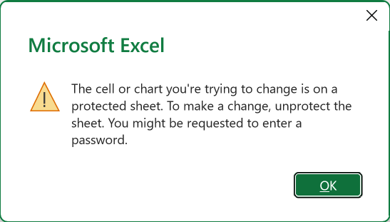 Excel's protected-sheet warning when trying to pick a class in a locked cell.