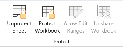 The Unprotect Sheet button in the Protect group of the Review tab.