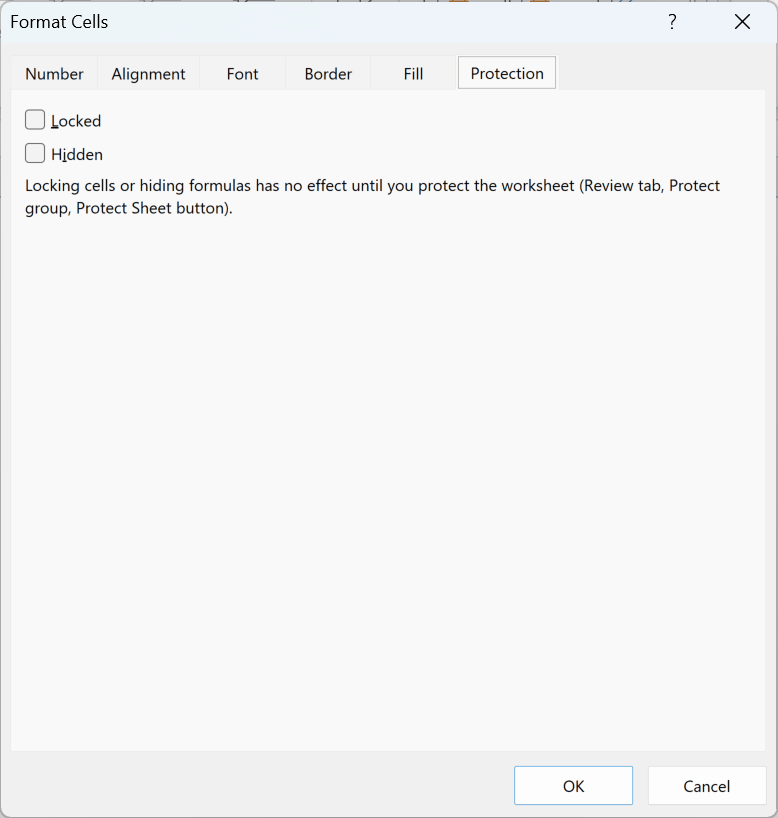 Format Cells Protection tab with Locked unchecked for the Class cells C2:C9.