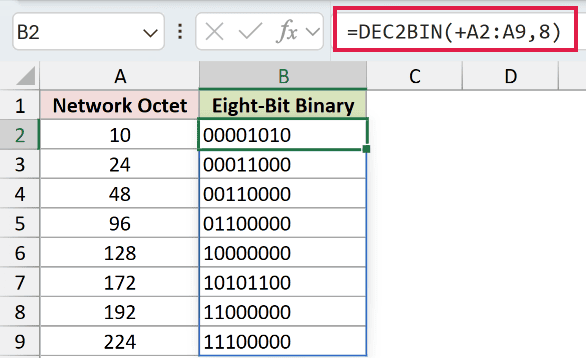 =DEC2BIN(+A2:A9,8) in B2