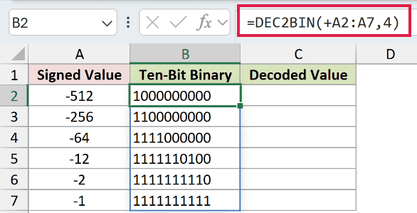=DEC2BIN(+A2:A7,4) in B2