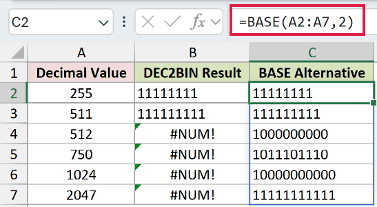 =BASE(A2:A7,2) in C2