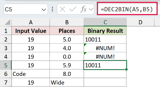 =DEC2BIN(A5,B5) in C5
