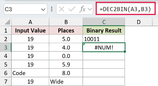 =DEC2BIN(A3,B3) in C3