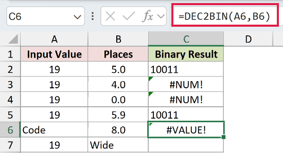 =DEC2BIN(A6,B6) in C6