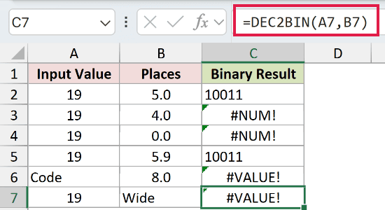 =DEC2BIN(A7,B7) in C7