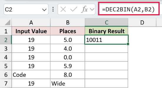 =DEC2BIN(A2,B2) in C2