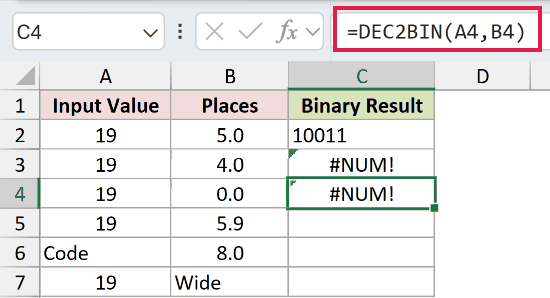 =DEC2BIN(A4,B4) in C4