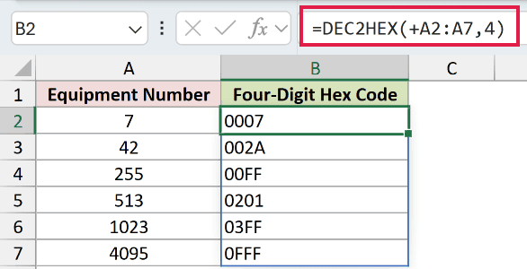 =DEC2HEX(+A2:A7,4) in B2
