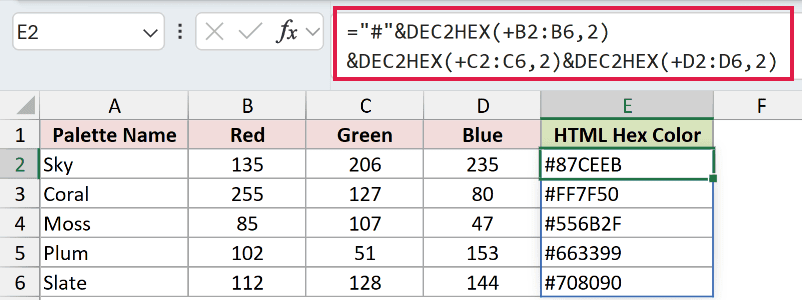 ="#"&DEC2HEX(+B2:B6,2)&DEC2HEX(+C2:C6,2)&DEC2HEX(+D2:D6,2) in E2