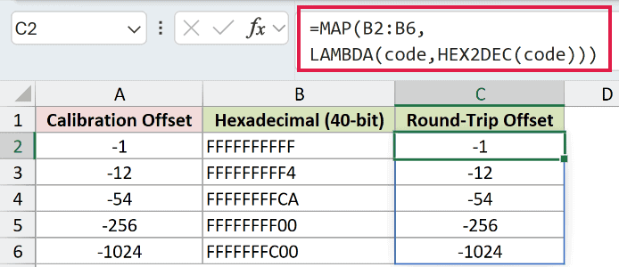 =MAP(B2:B6,LAMBDA(code,HEX2DEC(code))) in C2