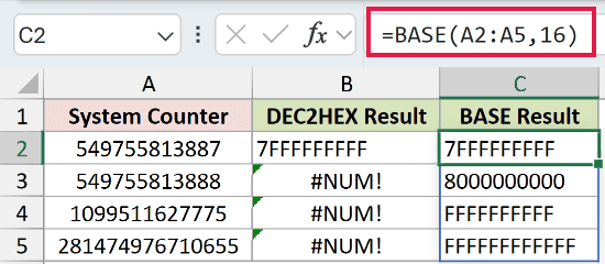 =BASE(A2:A5,16) in C2