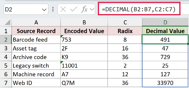 =DECIMAL(B2:B7,C2:C7) in D2
