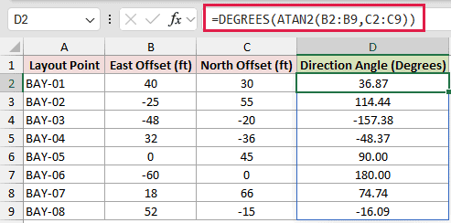 DEGREES example 3: =DEGREES(ATAN2(B2:B9,C2:C9))