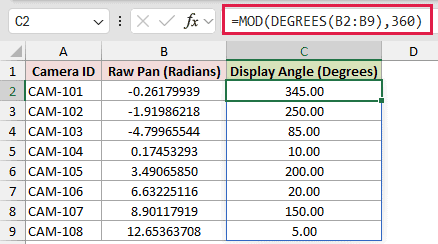 DEGREES example 4: =MOD(DEGREES(B2:B9),360)