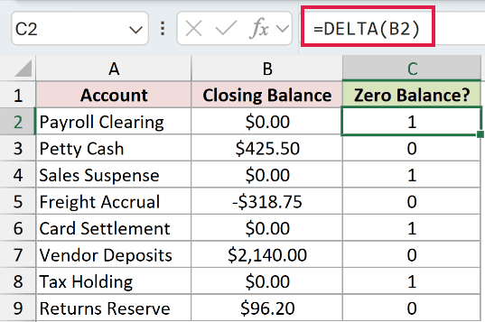 =DELTA(B2) in C2