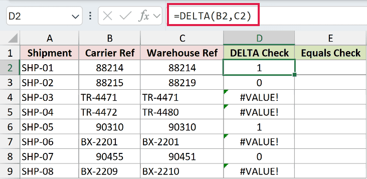 =DELTA(B2,C2) in D2