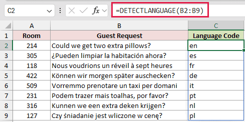 =DETECTLANGUAGE(B2:B9) in C2