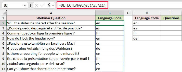 =DETECTLANGUAGE(A2:A11) in B2