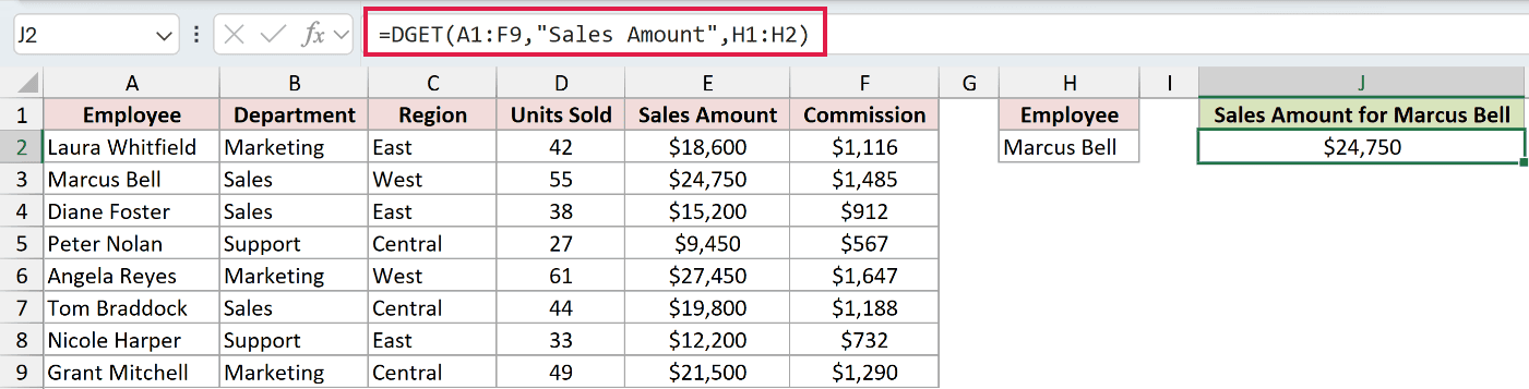 =DGET(A1:F9,"Sales Amount",H1:H2) in J2