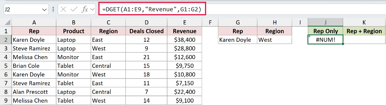 =DGET(A1:E9,"Revenue",G1:G2) in J2