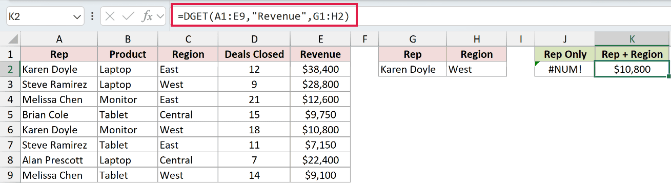 =DGET(A1:E9,"Revenue",G1:H2) in K2