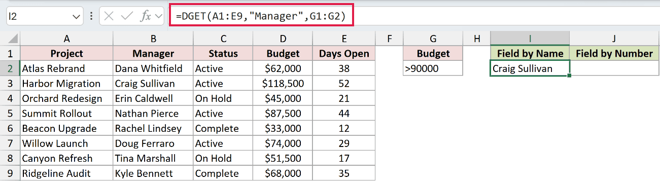 =DGET(A1:E9,"Manager",G1:G2) in I2