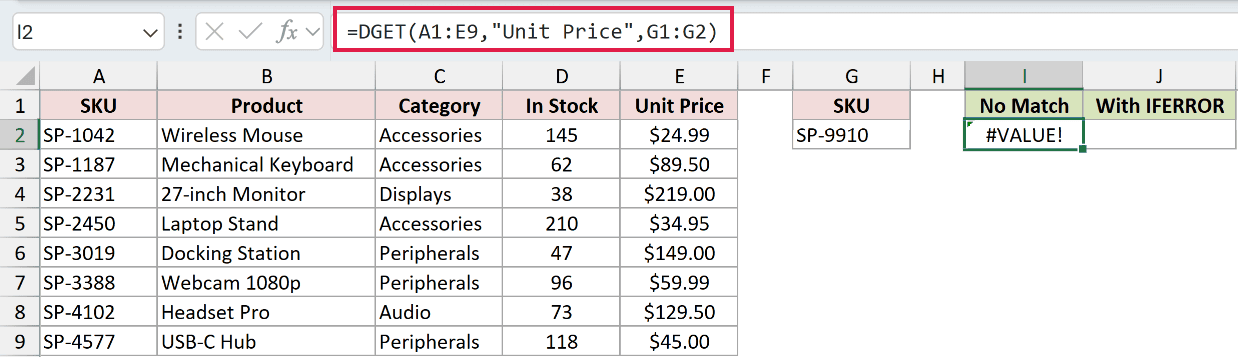 =DGET(A1:E9,"Unit Price",G1:G2) in I2