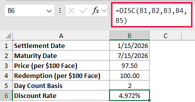 =DISC(B1,B2,B3,B4,B5) in B6