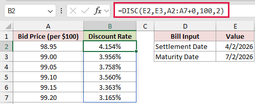=DISC(E2,E3,A2:A7+0,100,2) in B2