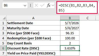 =DISC(B1,B2,B3,B4,B5) in B6