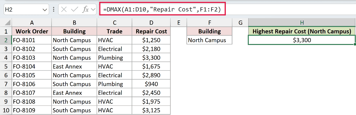 =DMAX(A1:D10,"Repair Cost",F1:F2) in H2