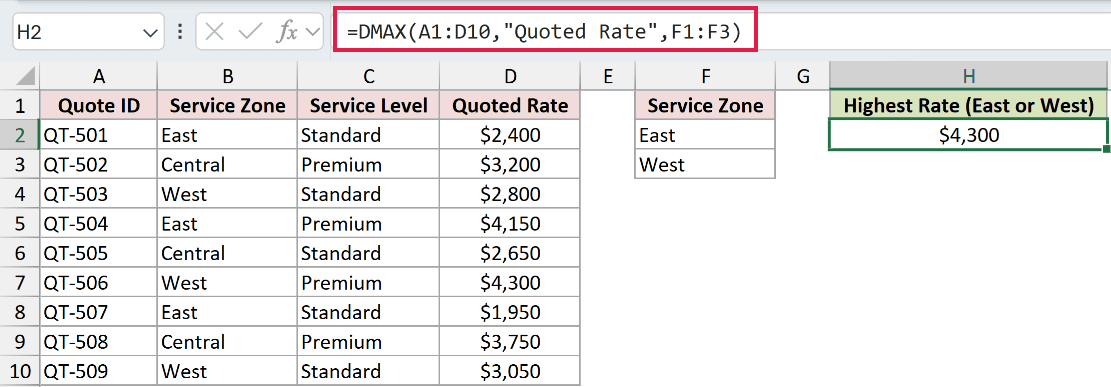 =DMAX(A1:D10,"Quoted Rate",F1:F3) in H2