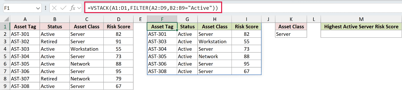 =VSTACK(A1:D1,FILTER(A2:D9,B2:B9="Active")) in F1