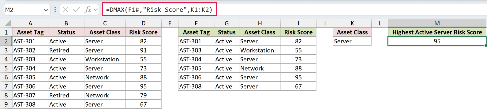 =DMAX(F1#,"Risk Score",K1:K2) in M2