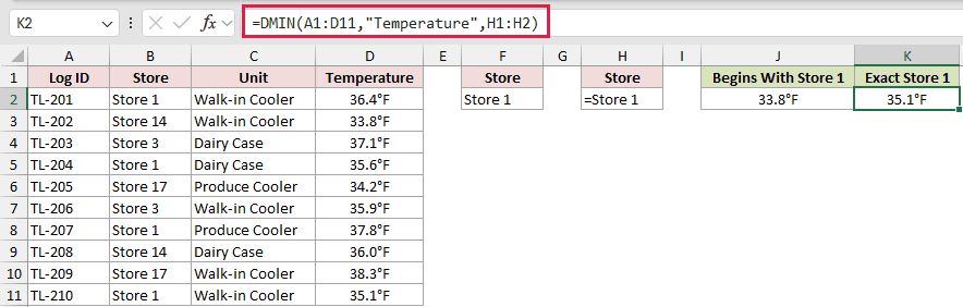 =DMIN(A1:D11,"Temperature",H1:H2) in K2