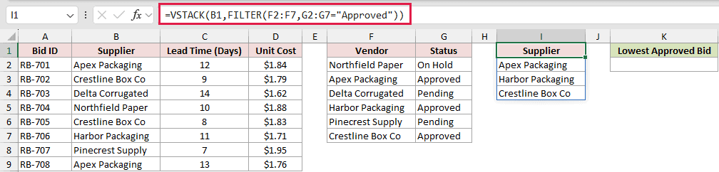 =VSTACK(B1,FILTER(F2:F7,G2:G7="Approved")) in I1