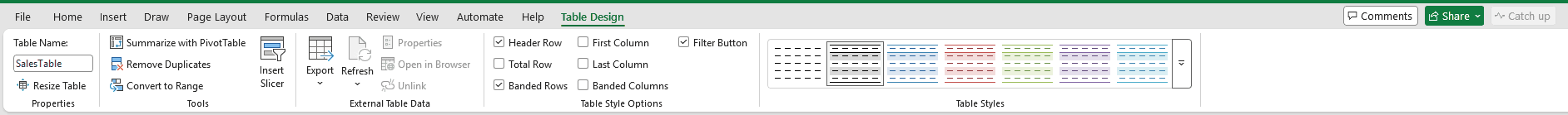 Table Design tab with SalesTable in the Table Name box.