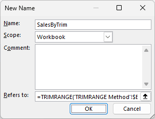 New Name dialog defining SalesByTrim with TRIMRANGE.