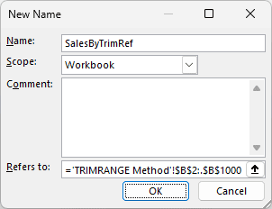 New Name dialog defining SalesByTrimRef with a trim reference.